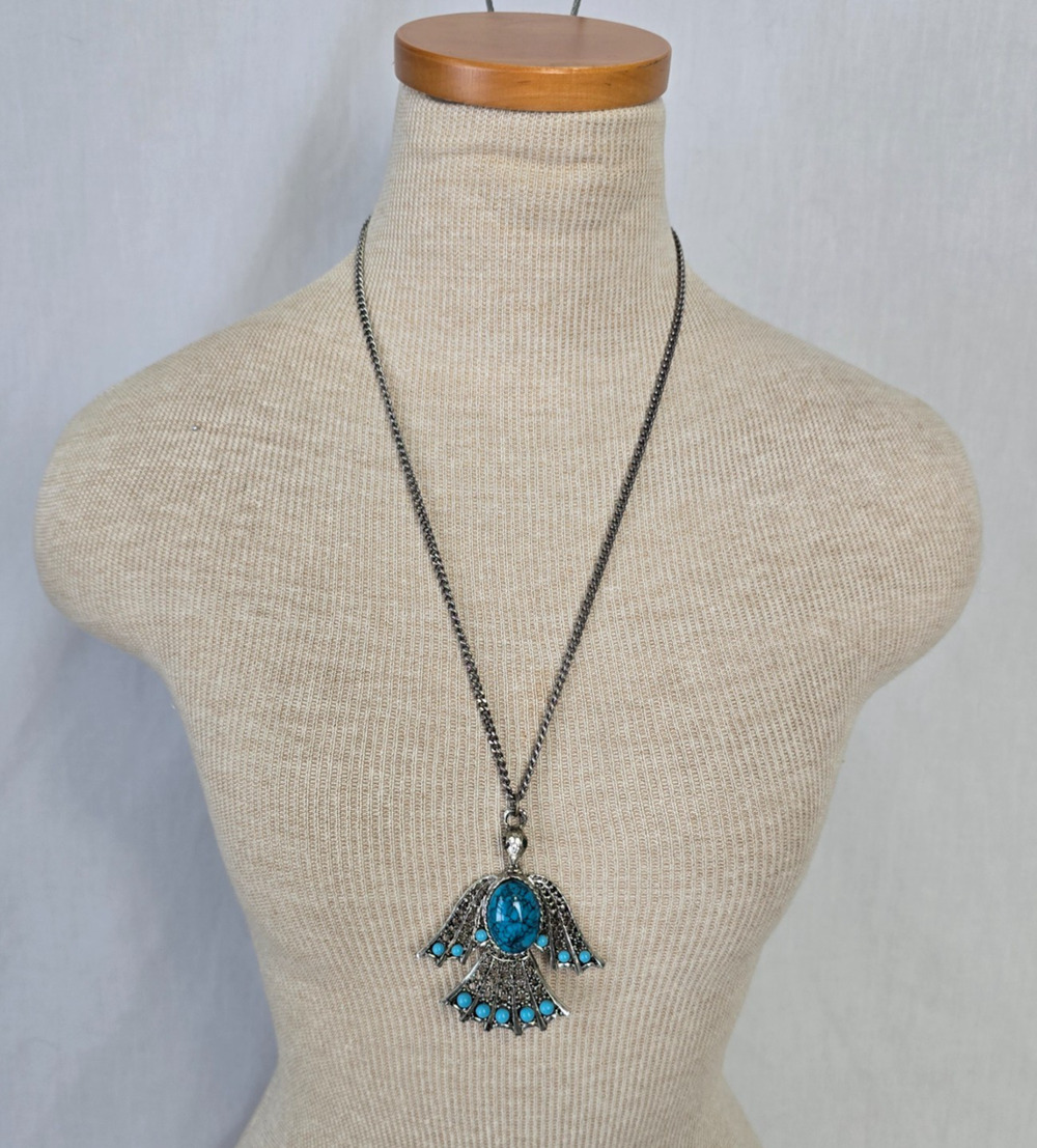 Turquoise Thunderbird Pendant Necklace Vtg Native American + Knuckle Ring Set